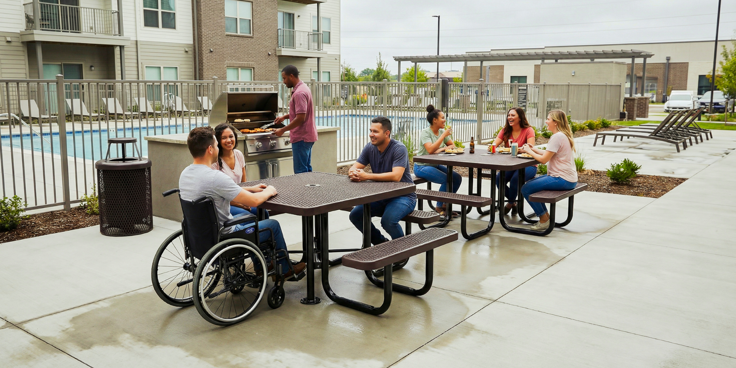 Residents gathered around a brown ADA accessible expanded metal picnic table with wheelchair access near an apartment pool and grilling area designed for durable inclusive outdoor community seating