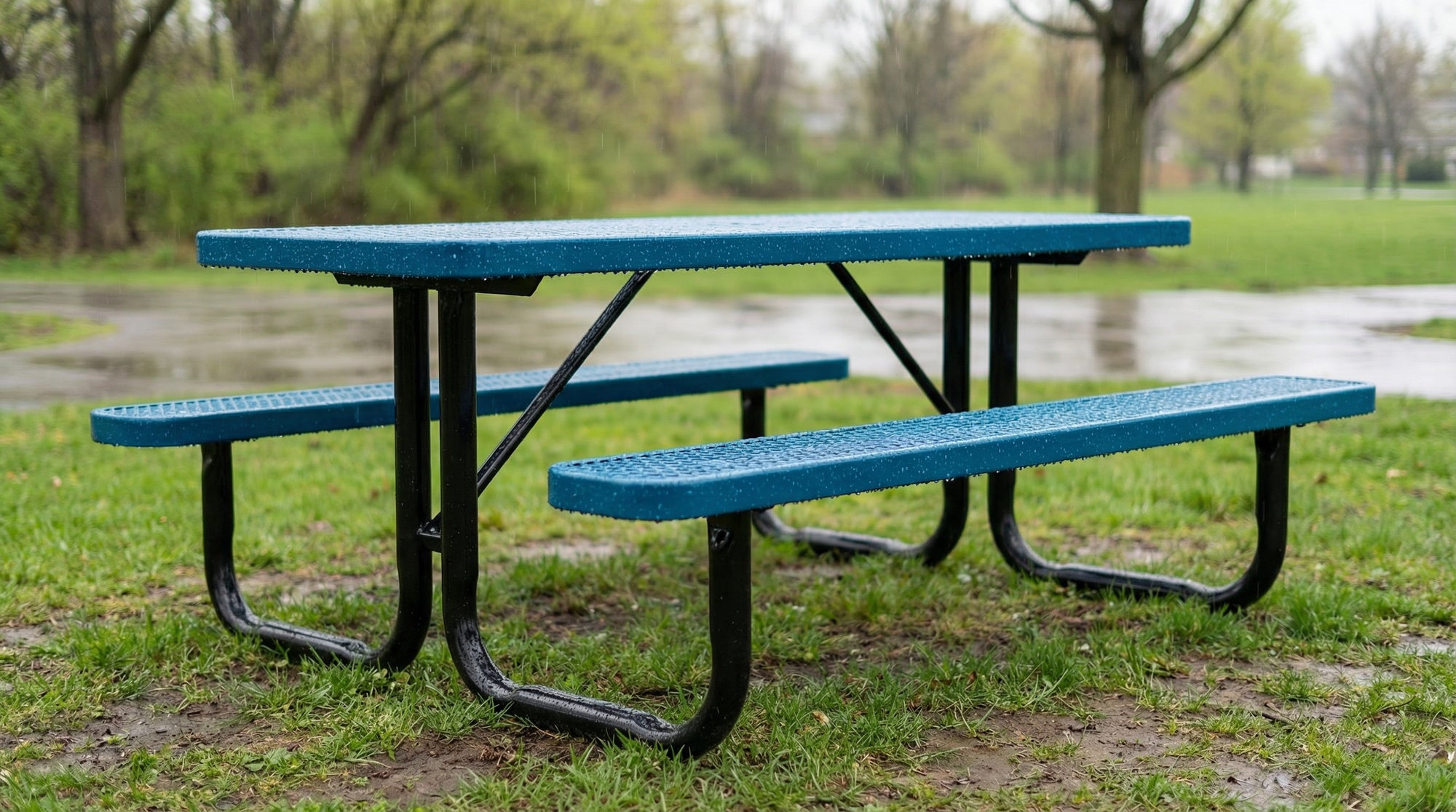 Dark blue rectangular expanded metal picnic table with powder-coated steel frame and moisture-resistant outdoor finish
