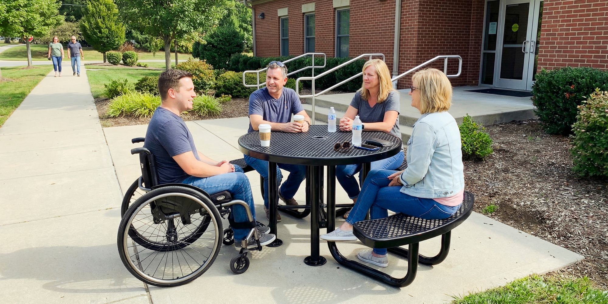 ADA compliant black round expanded metal picnic table with wheelchair accessible seating space and heavy-duty powder-coated steel construction designed for inclusive commercial outdoor furniture installations