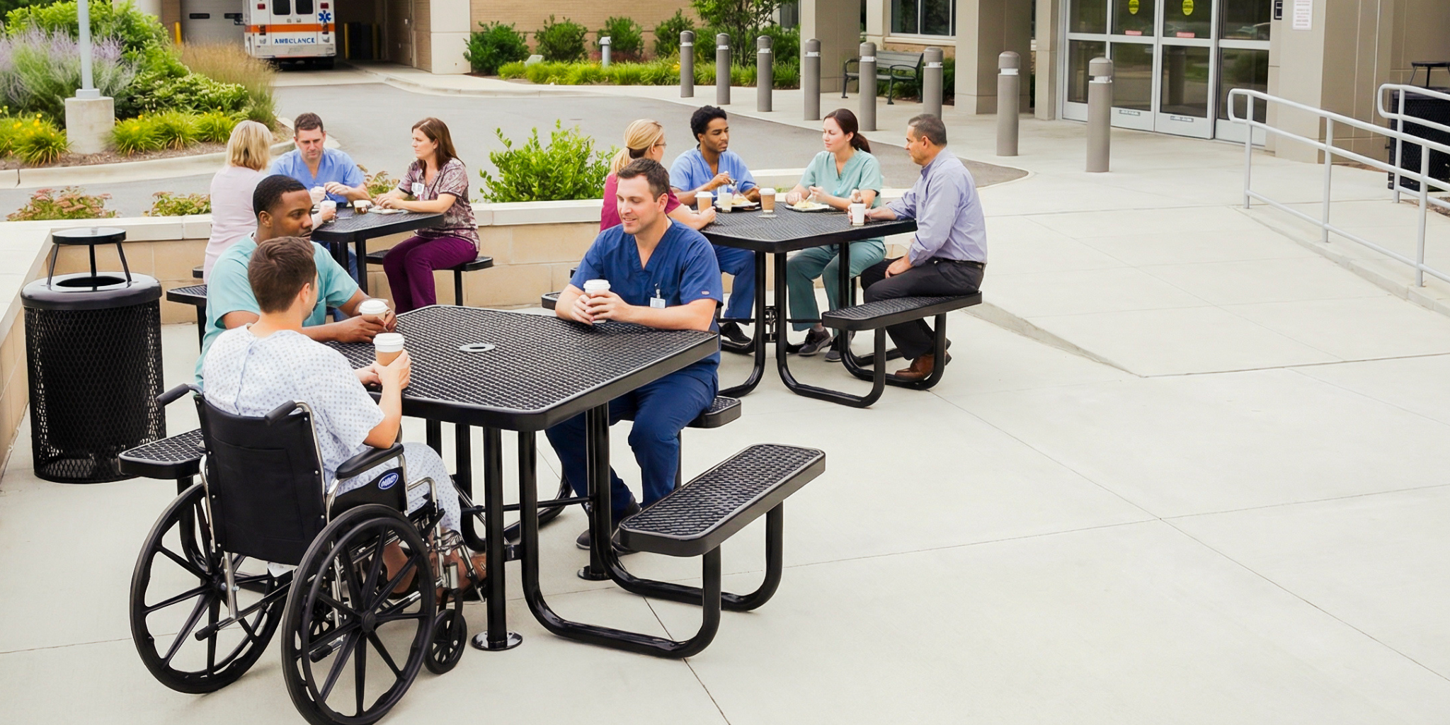 Square ADA compliant expanded metal picnic table with commercial-grade steel construction and wheelchair-accessible seating design