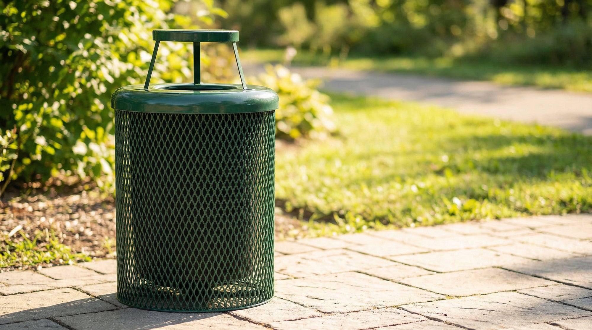 Green expanded metal trash receptacle with bonnet lid and commercial steel construction for durable outdoor waste management