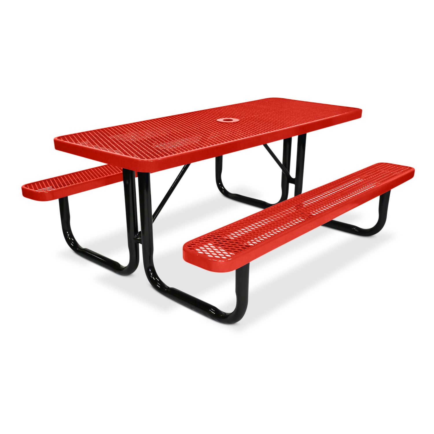 Red picnic table with black legs on a white background