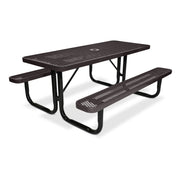 Brown metal picnic table with benches on a white background