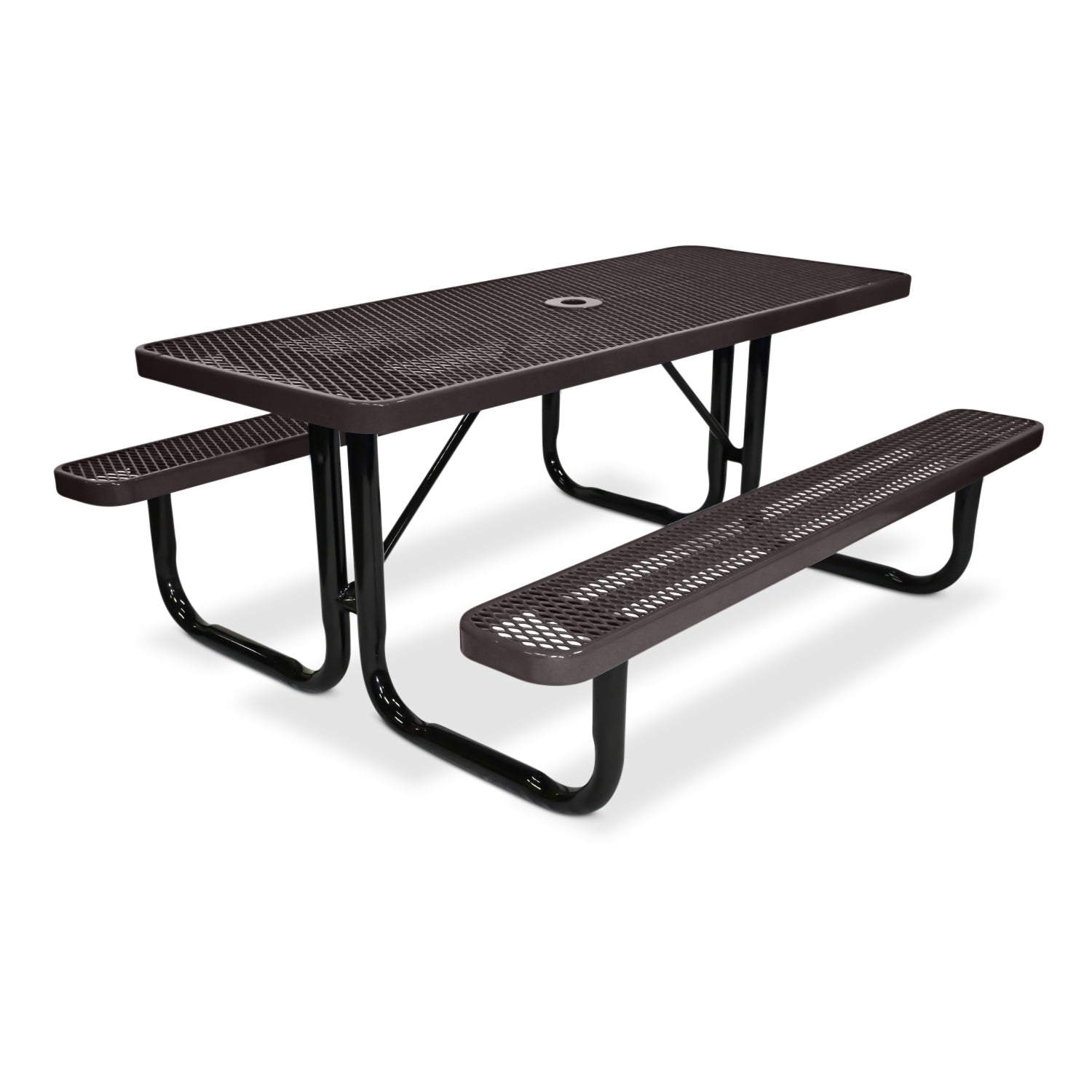 Brown metal picnic table with benches on a white background