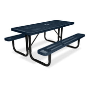 Dark blue picnic table with benches on a white background