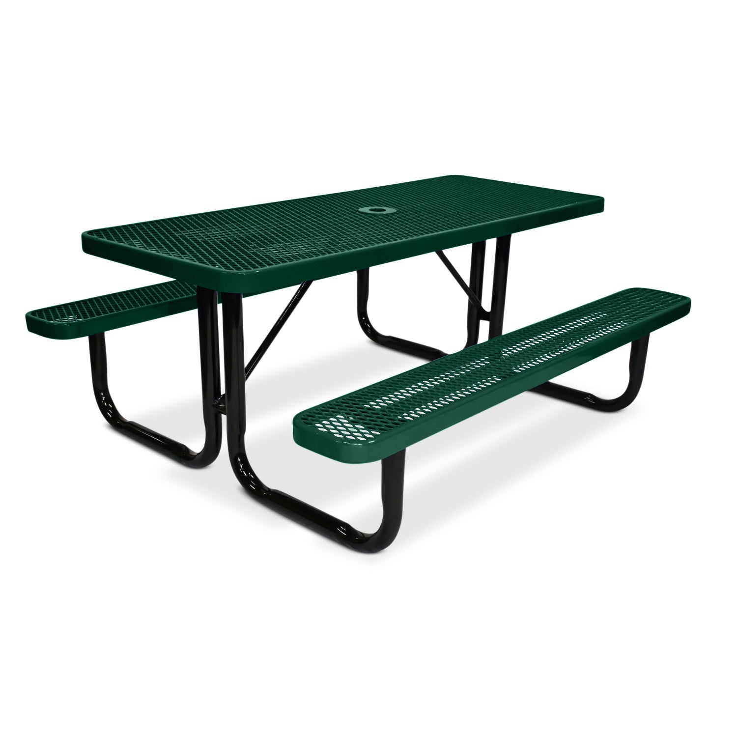 Green metal picnic table on a white background