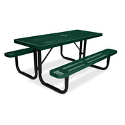 Green metal picnic table on a white background