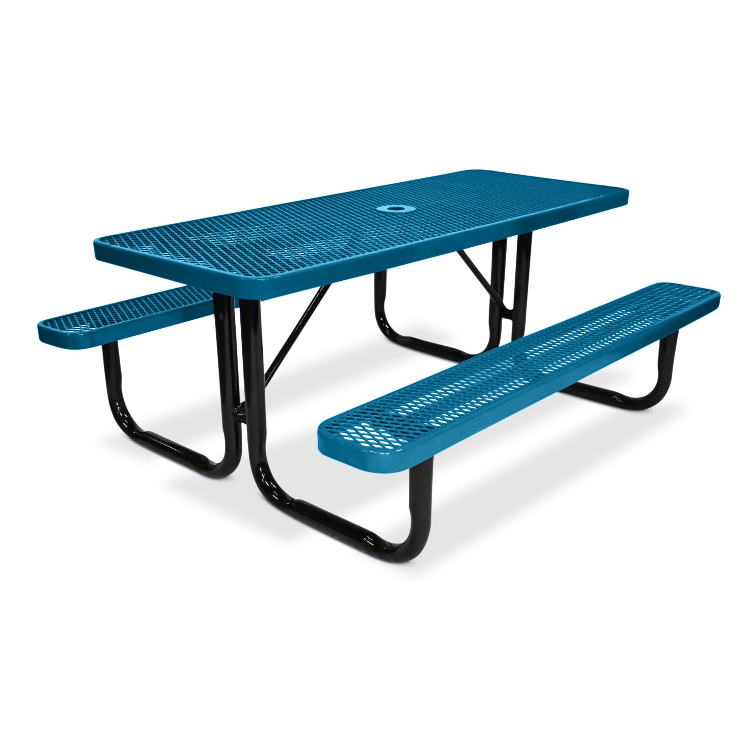 Blue picnic table with benches on a white background