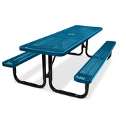 Blue picnic table with black legs on a white background