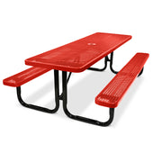 Red picnic table with black legs on a white background