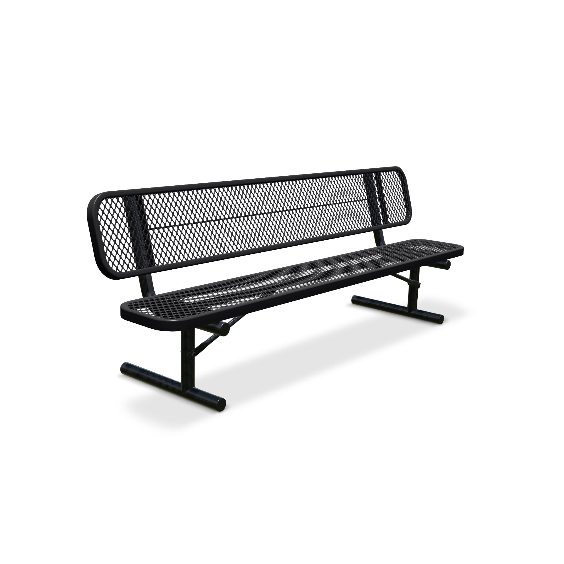 8' Black Portable Expanded Metal Bench with Backrest