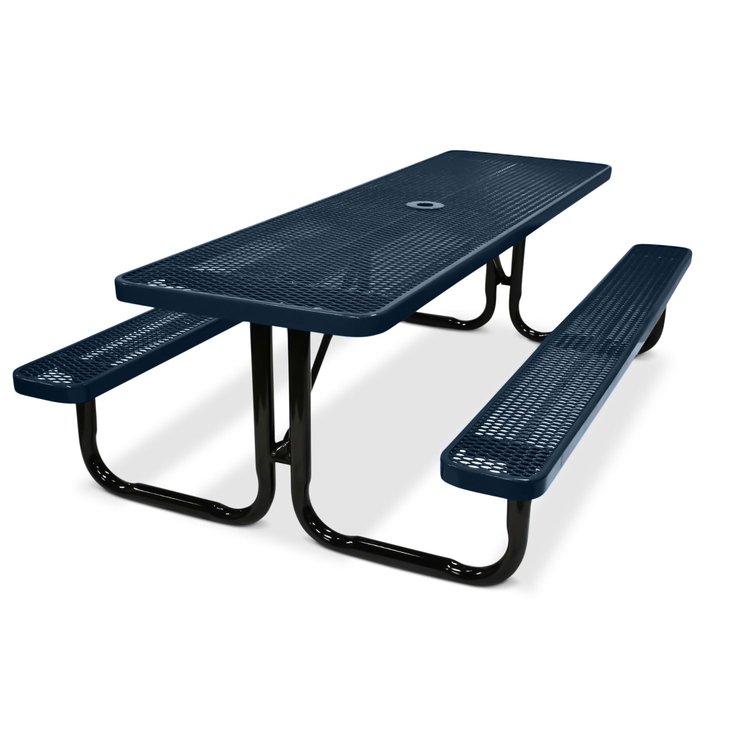 Dark blue picnic table with benches on a white background