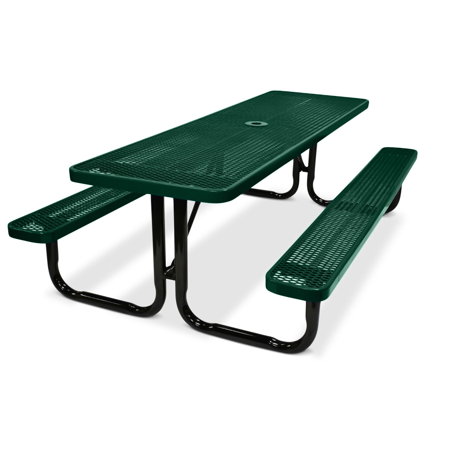 Green picnic table with benches on a white background