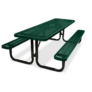 Green picnic table with benches on a white background