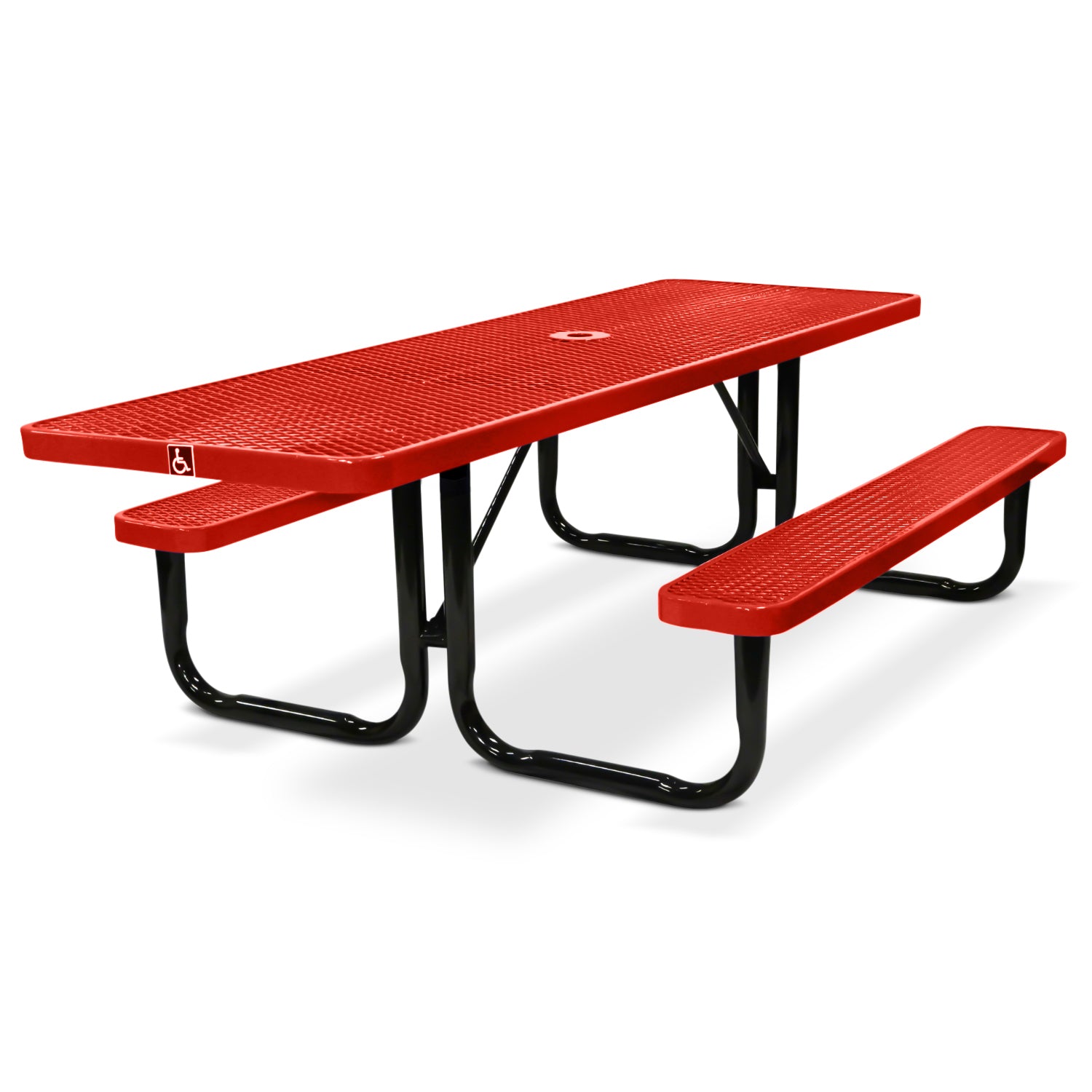 Red handicap accessible picnic table with black legs on a white background