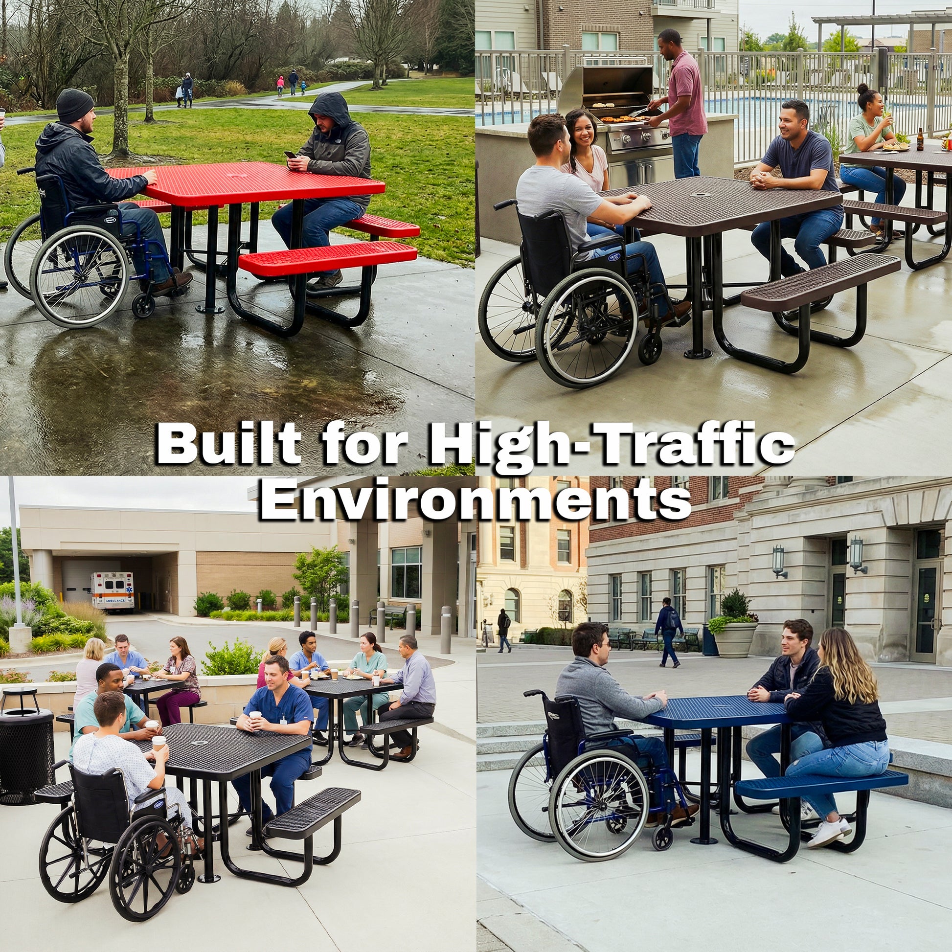 People using ADA accessible outdoor commercial picnic tables in parks, apartments, and public facilities.