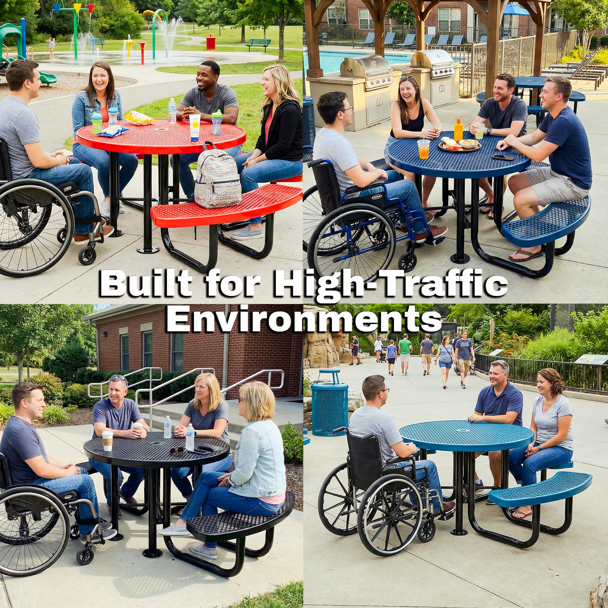 Groups of adults using ADA accessible round outdoor picnic tables in public parks and shared community spaces.