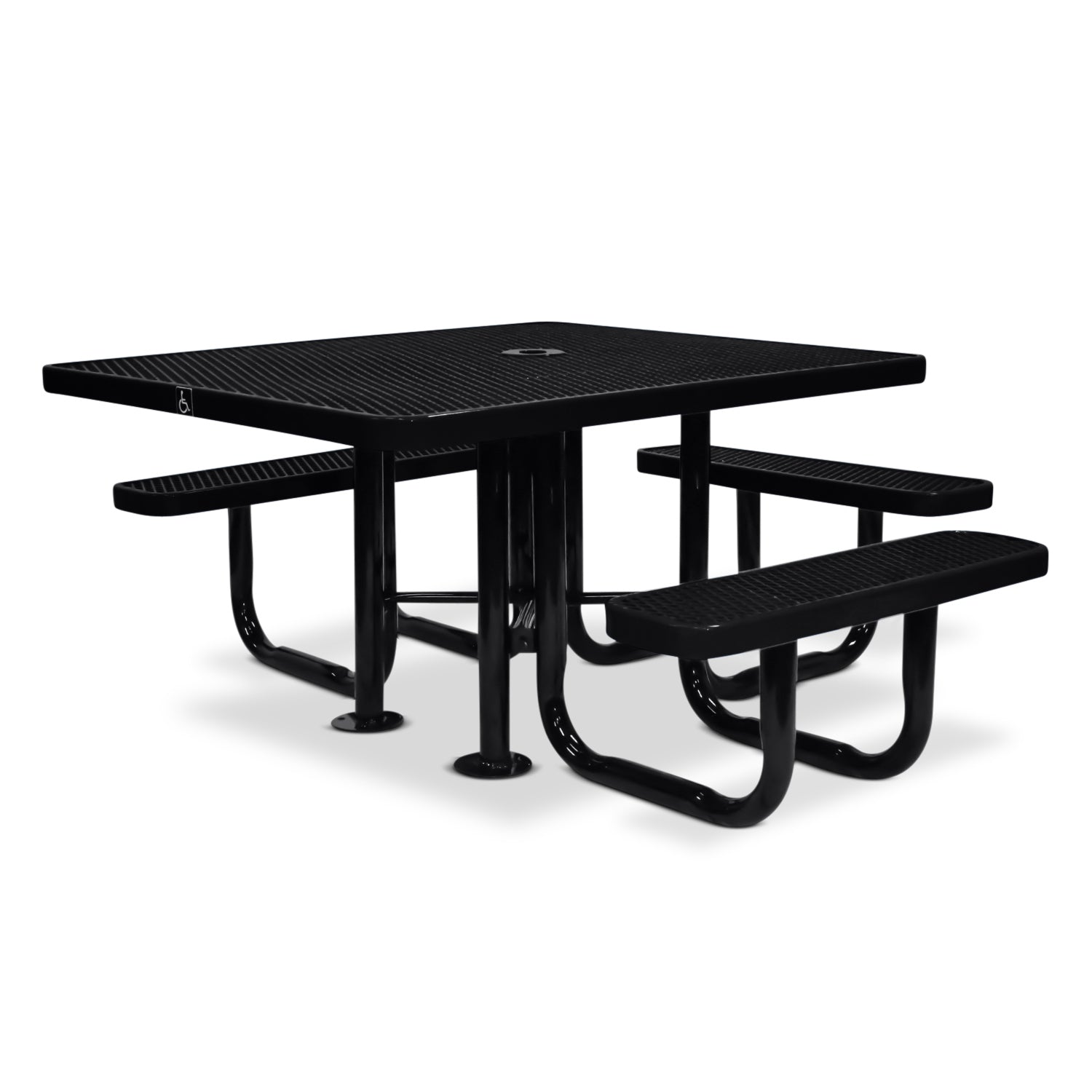 Black ADA metal picnic table with benches on a white background