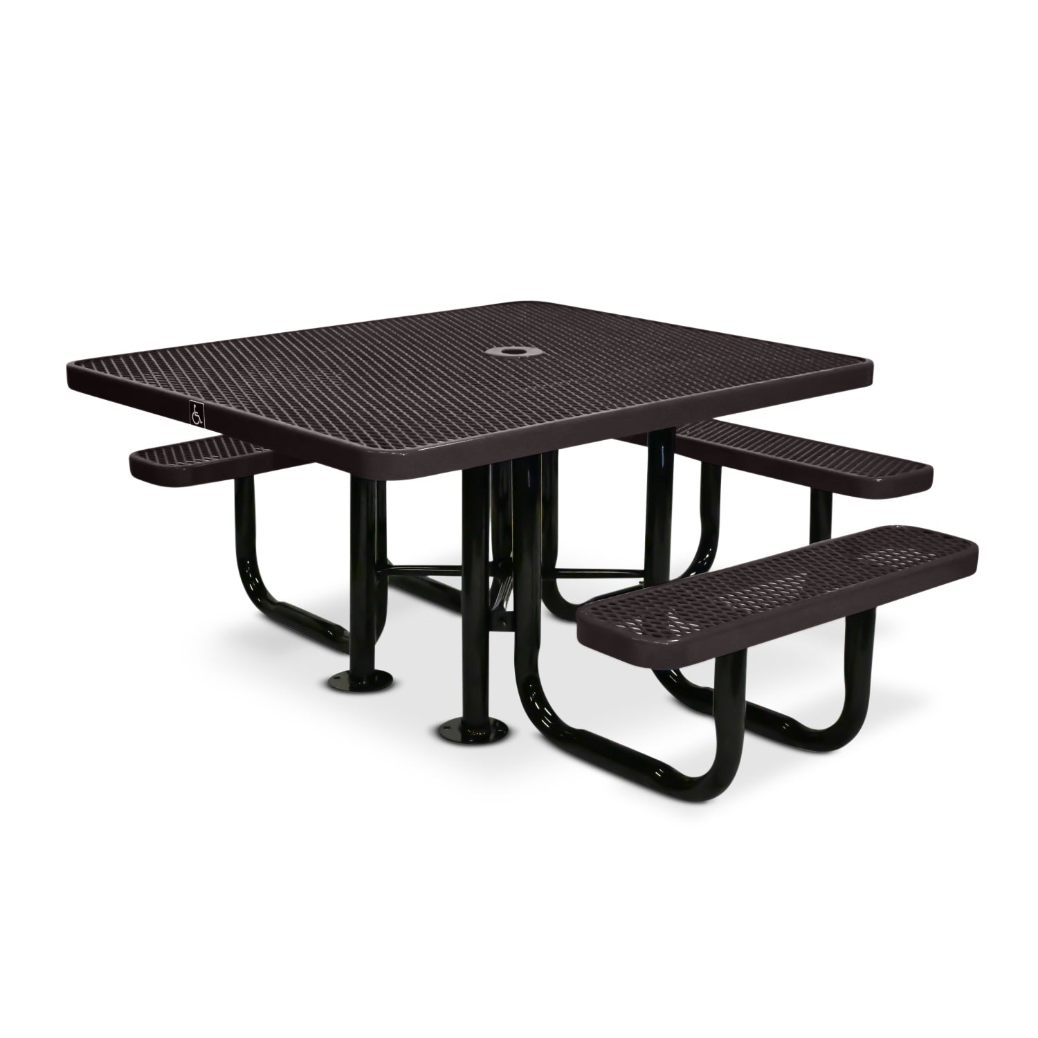 Brown ADA outdoor picnic table with three benches on a white background