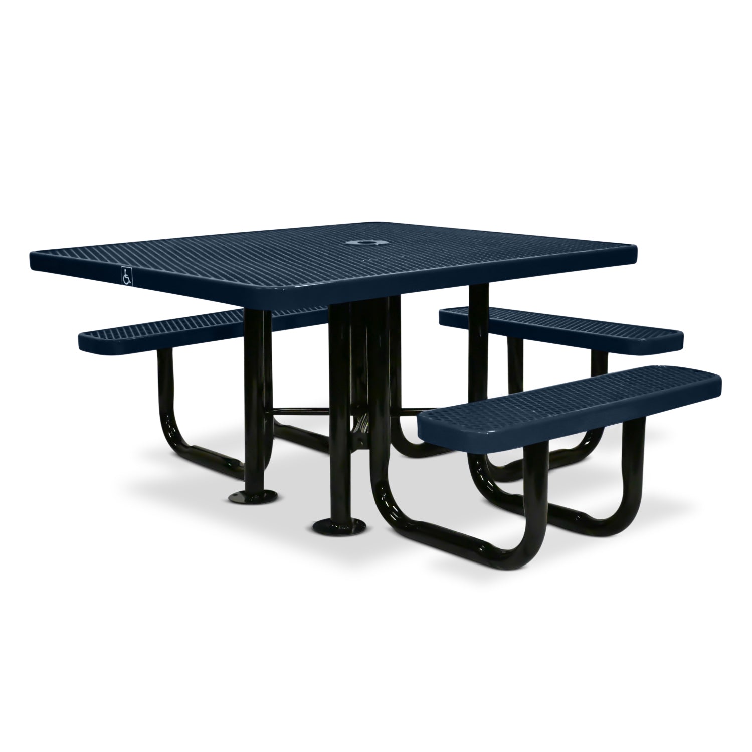 Dark blue ADA metal picnic table with three benches on a white background