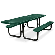 Green picnic table with benches on a white background