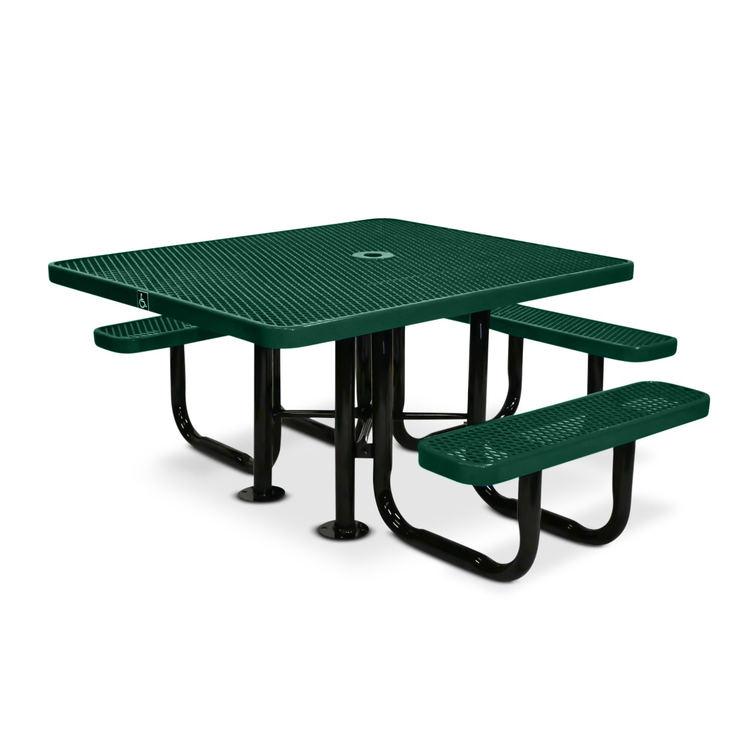 Green ADA outdoor picnic table with three benches on a white background