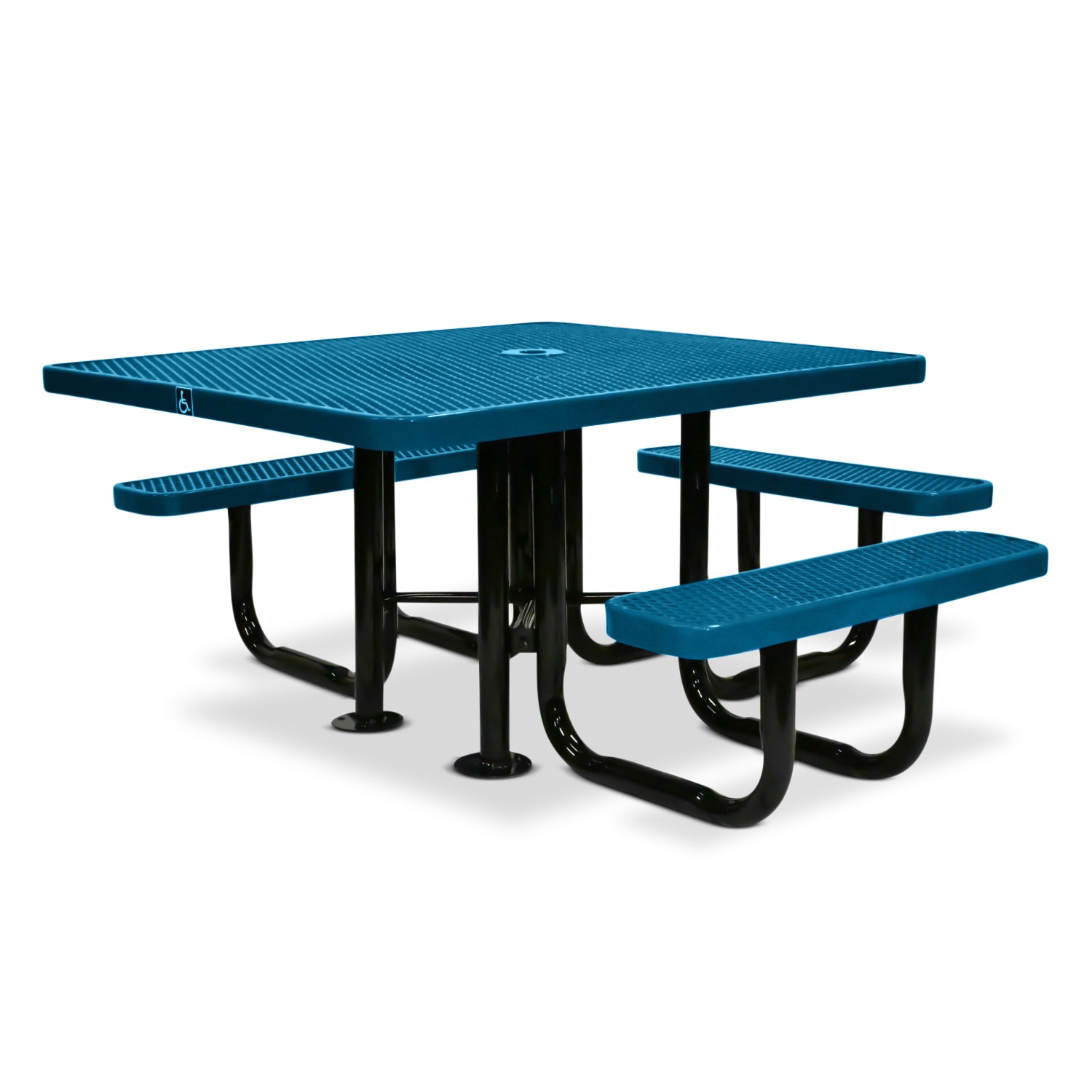 Blue ADA picnic table with black metal legs on a white background