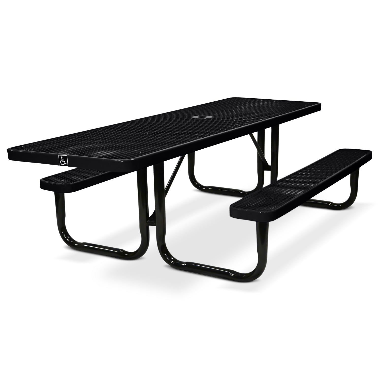 Black metal ADA picnic table on a white background