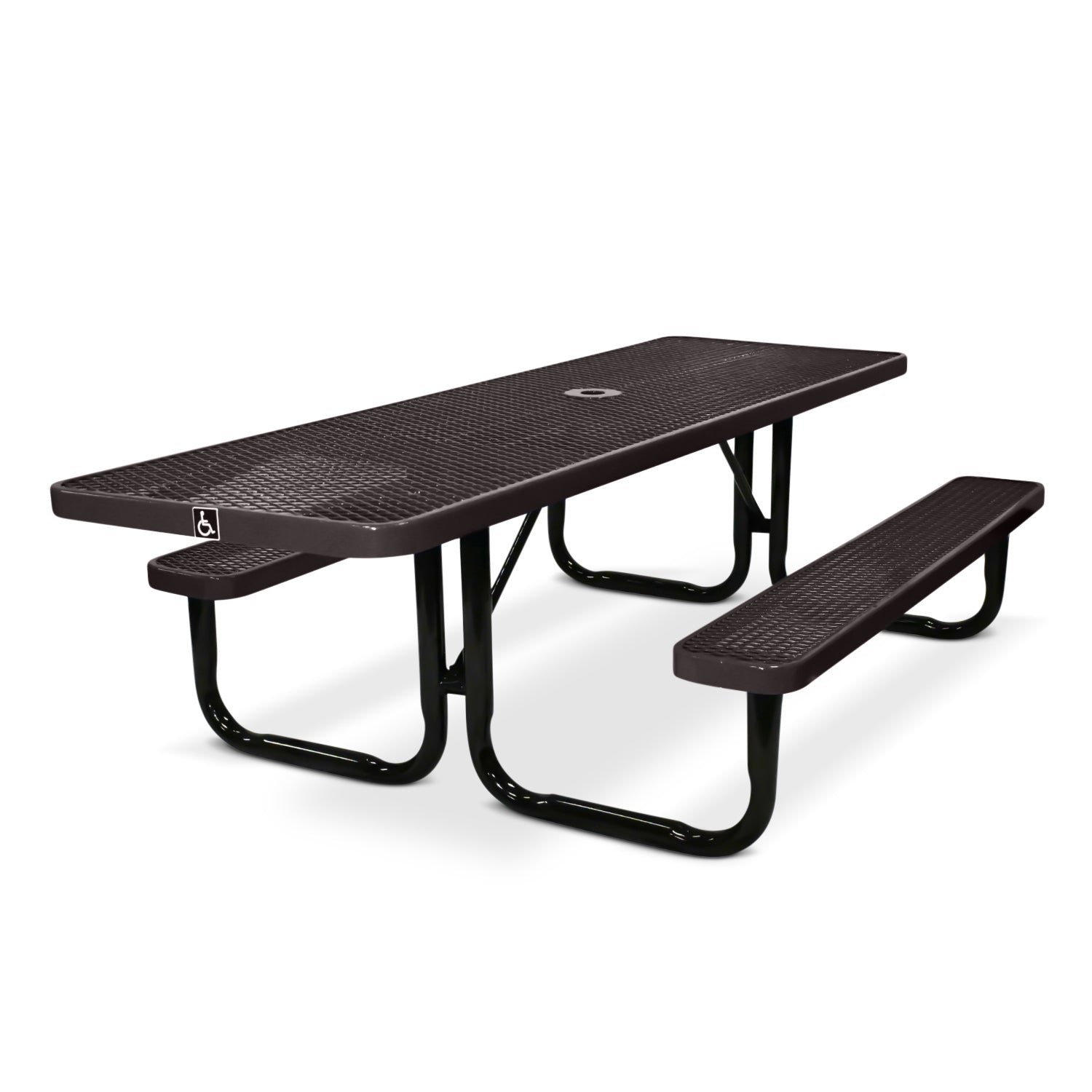 Brown picnic table with benches on a white background