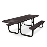 Brown picnic table with benches on a white background