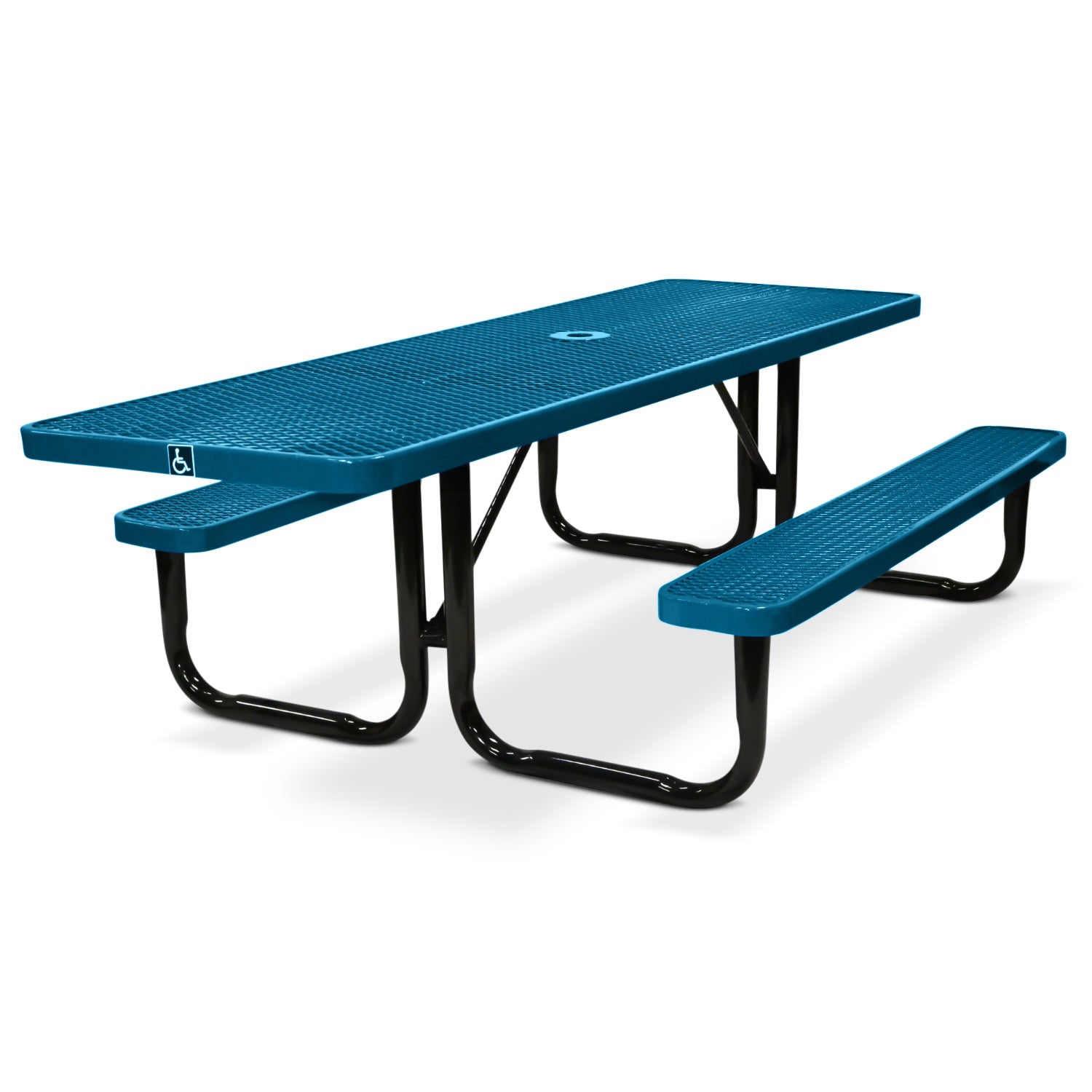 Blue picnic table with black legs on a white background