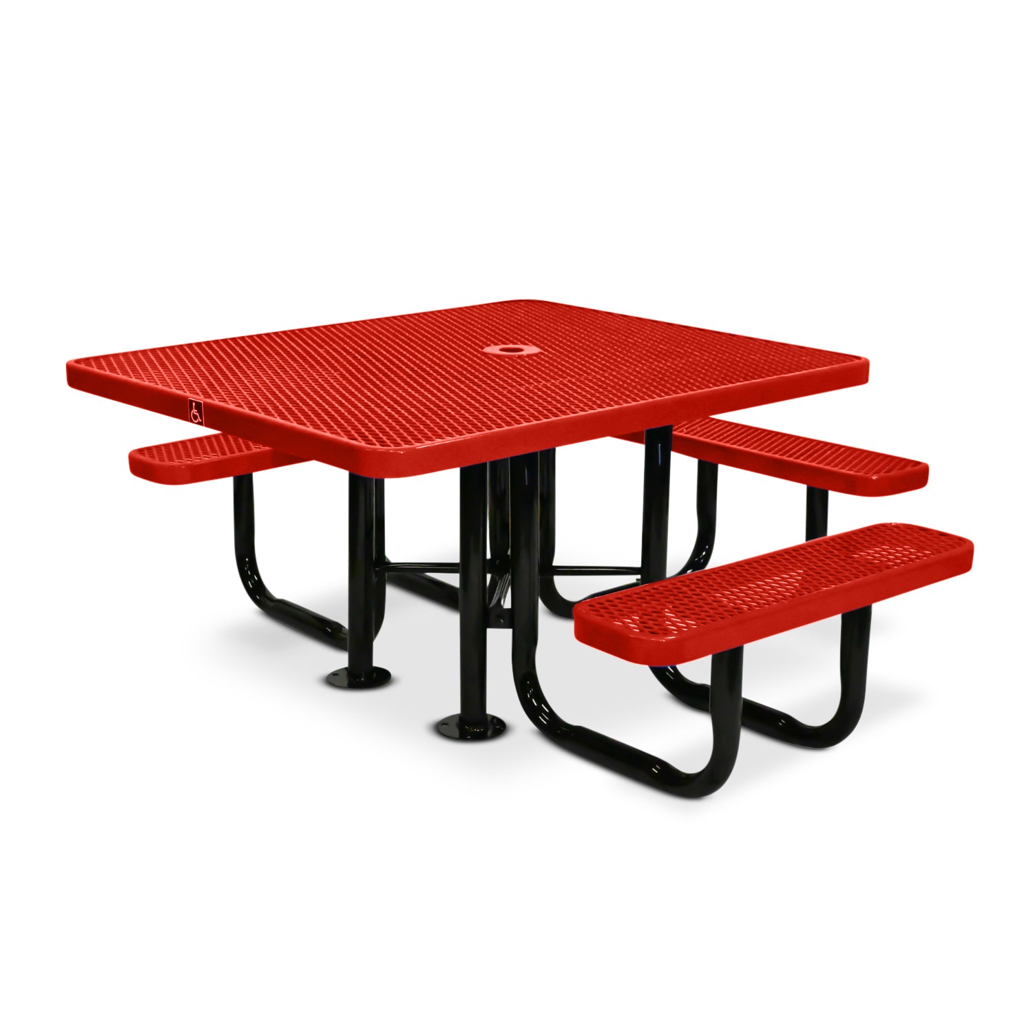 Red ADA picnic table with black legs on a white background