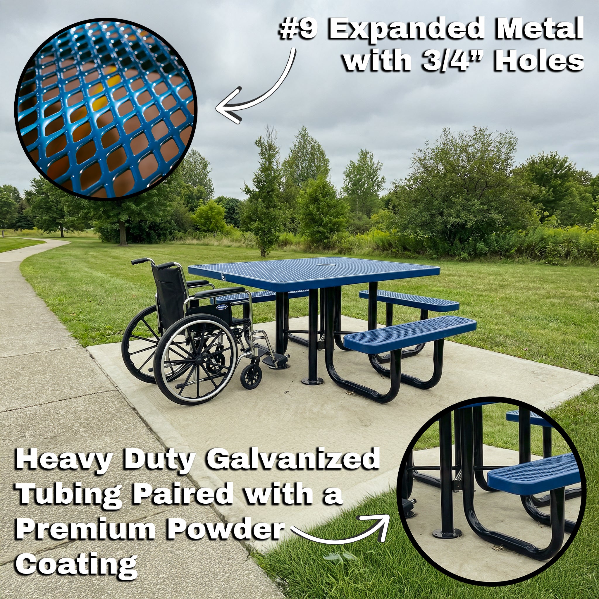Blue ADA square commercial picnic table with wheelchair access on a concrete pad in a park.