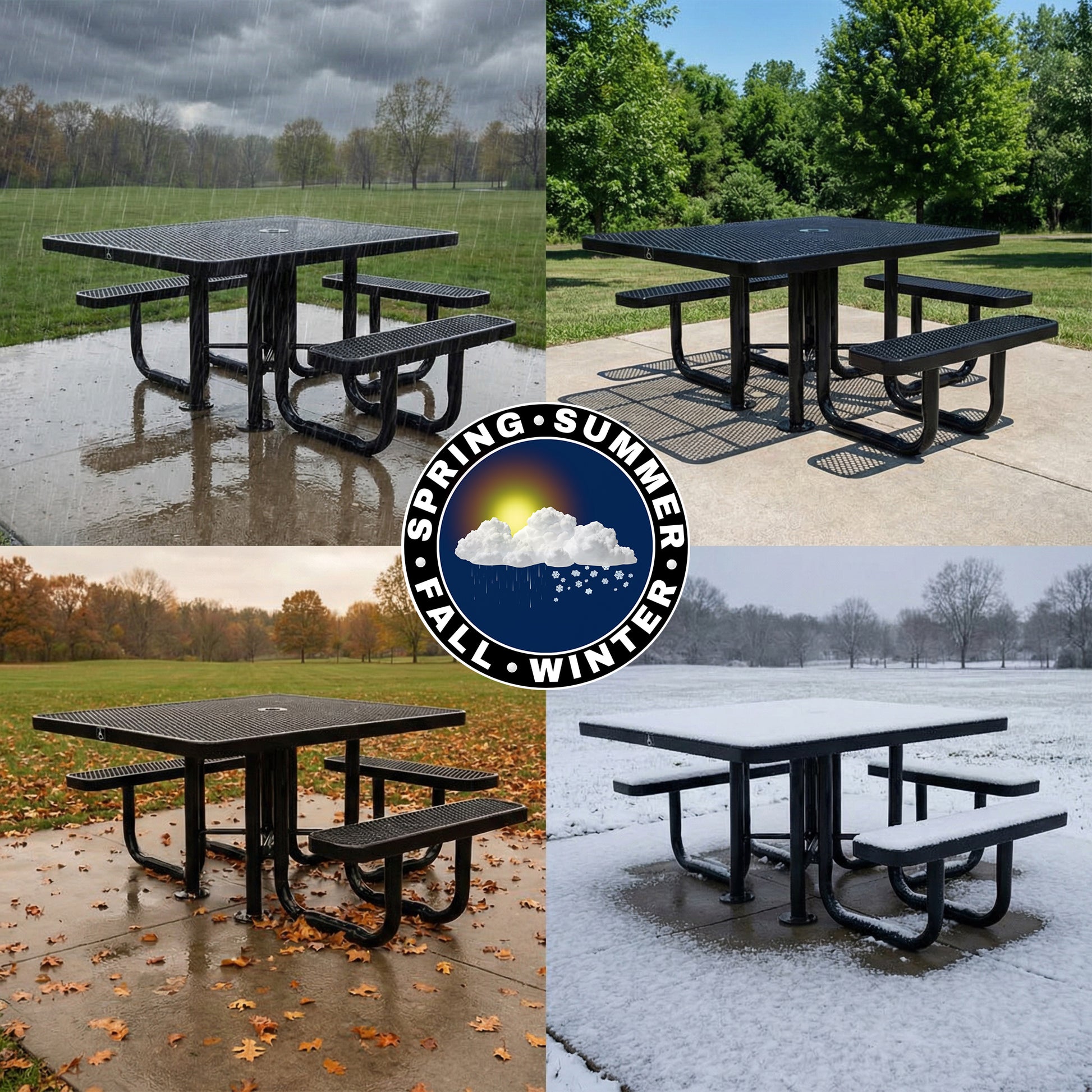 Black ADA square picnic table shown in rain, sunshine, fall leaves, and snow to demonstrate year-round outdoor durability.