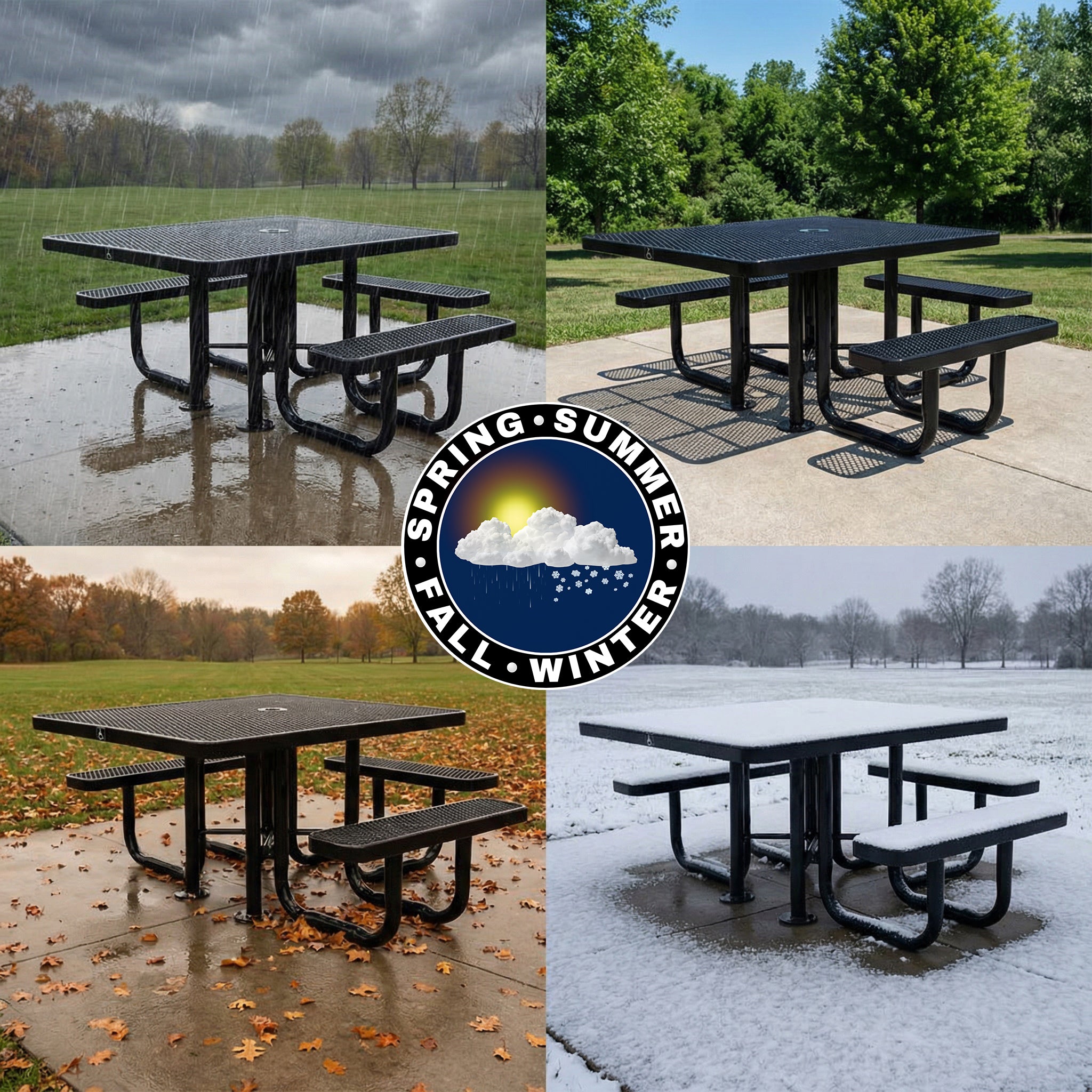 Black ADA square picnic table shown in rain, sunshine, fall leaves, and snow to demonstrate year-round outdoor durability.