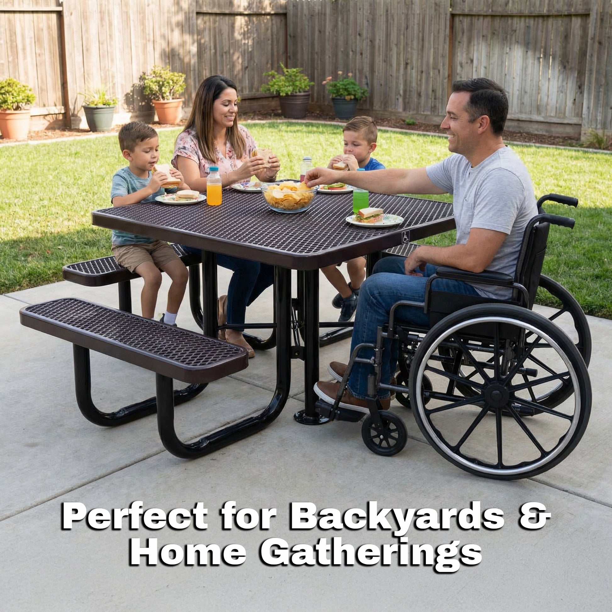 Family eating together at a brown ADA square picnic table with wheelchair access on a backyard patio.