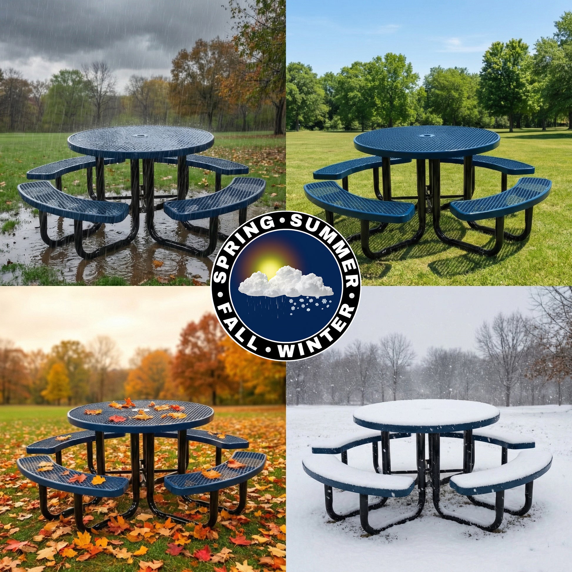Round heavy duty outdoor metal picnic table shown in rain, sunshine, fall leaves, and winter snow in a park.