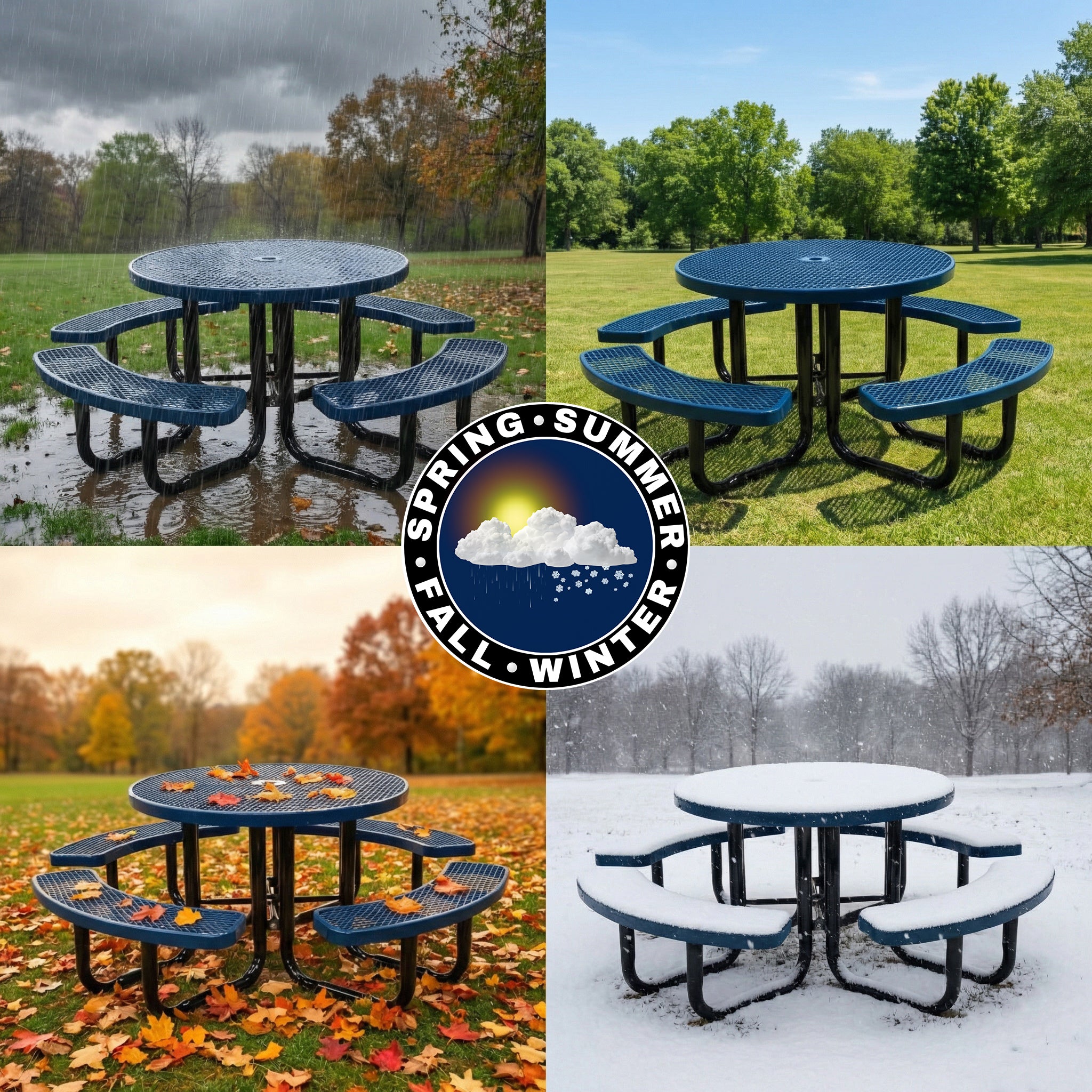 Round heavy duty outdoor metal picnic table shown in rain, sunshine, fall leaves, and winter snow in a park.
