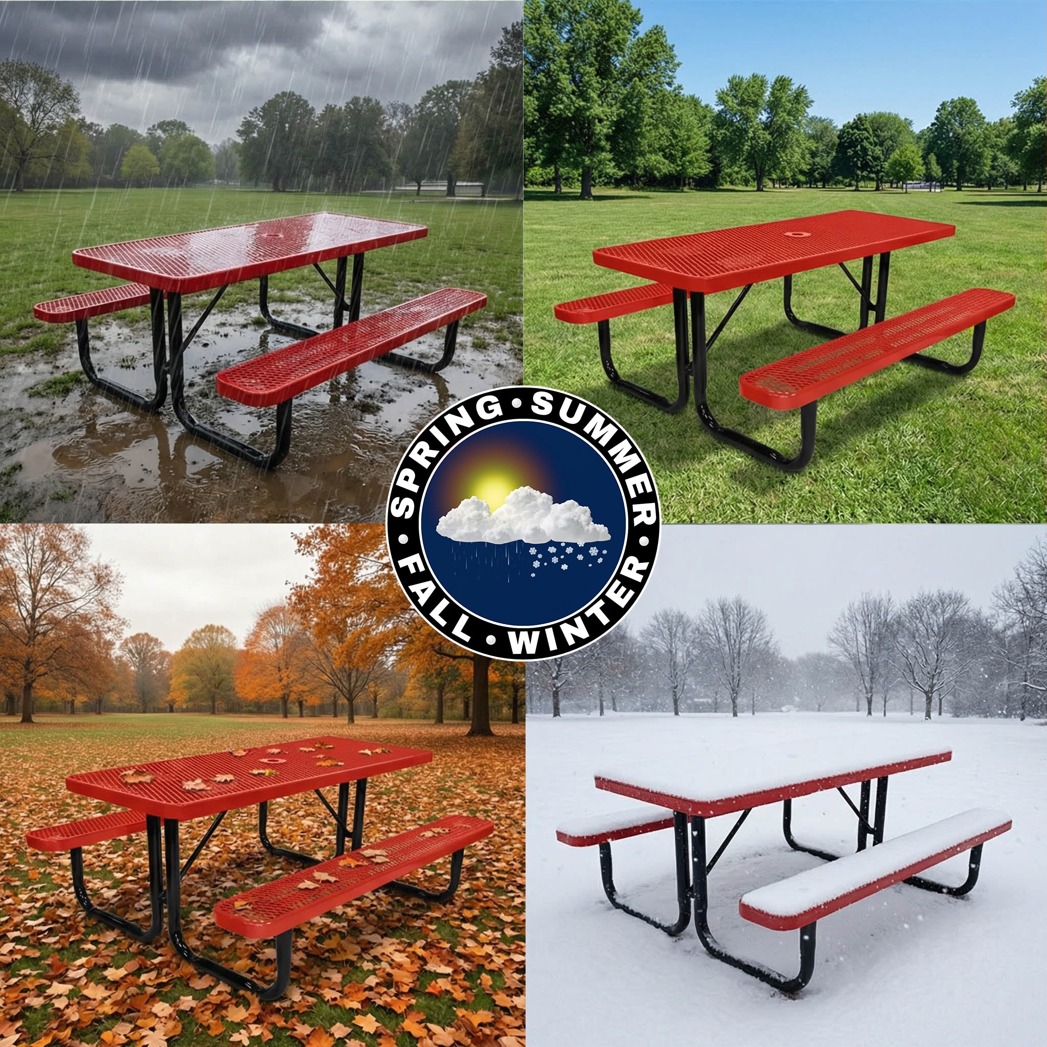 Red heavy duty rectangular metal picnic table shown in rain, summer sun, fall leaves, and snow, demonstrating all-season outdoor durability.