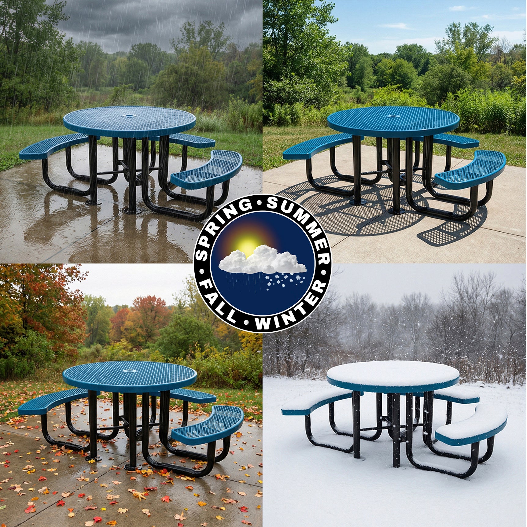 Heavy duty round outdoor metal picnic table shown in rain, sun, fall leaves, and snow to demonstrate year-round durability.