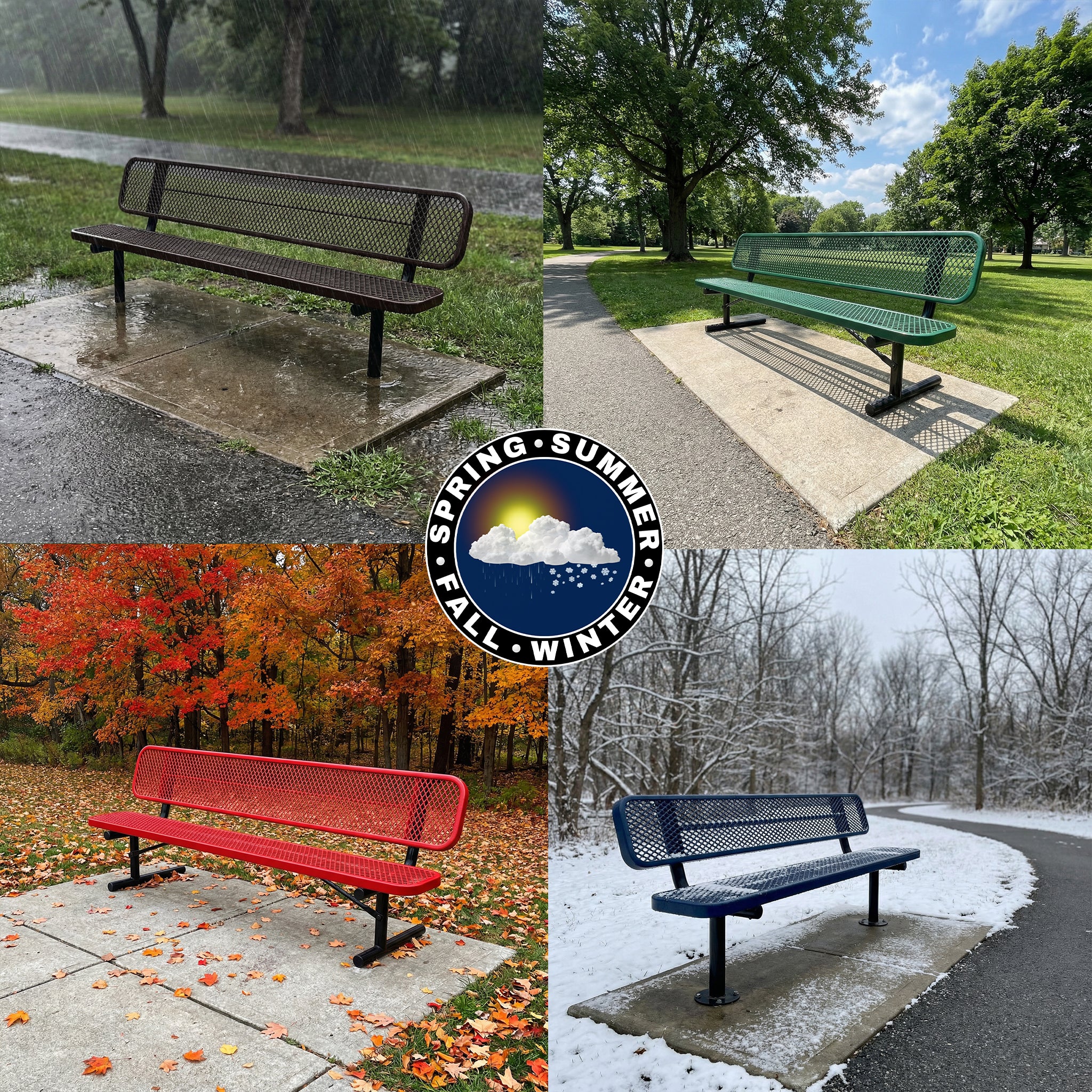 Four seasonal images of a bench with corresponding seasons displayed.