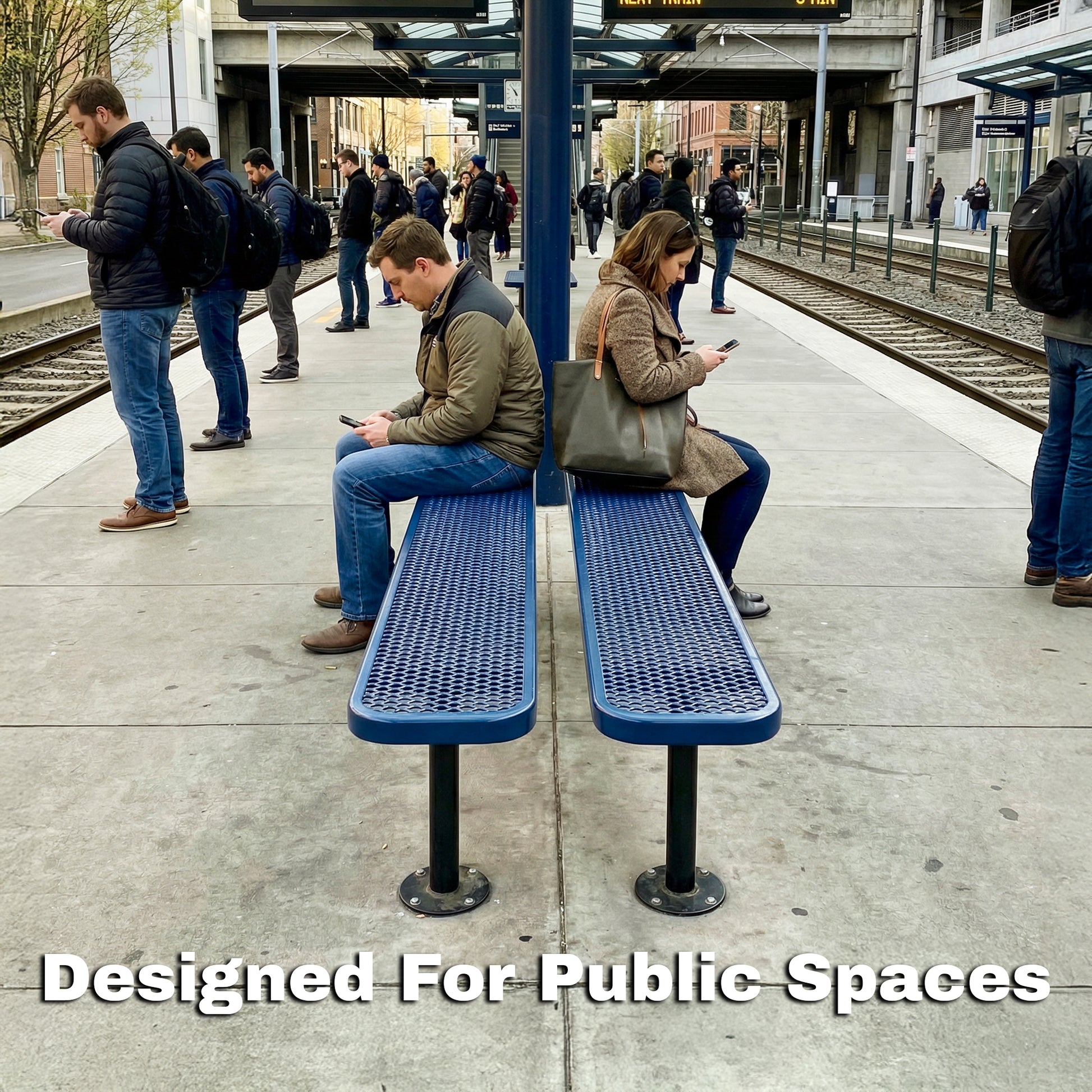 People sitting on blue benches at a train station with text 'Designed For Public Spaces'.