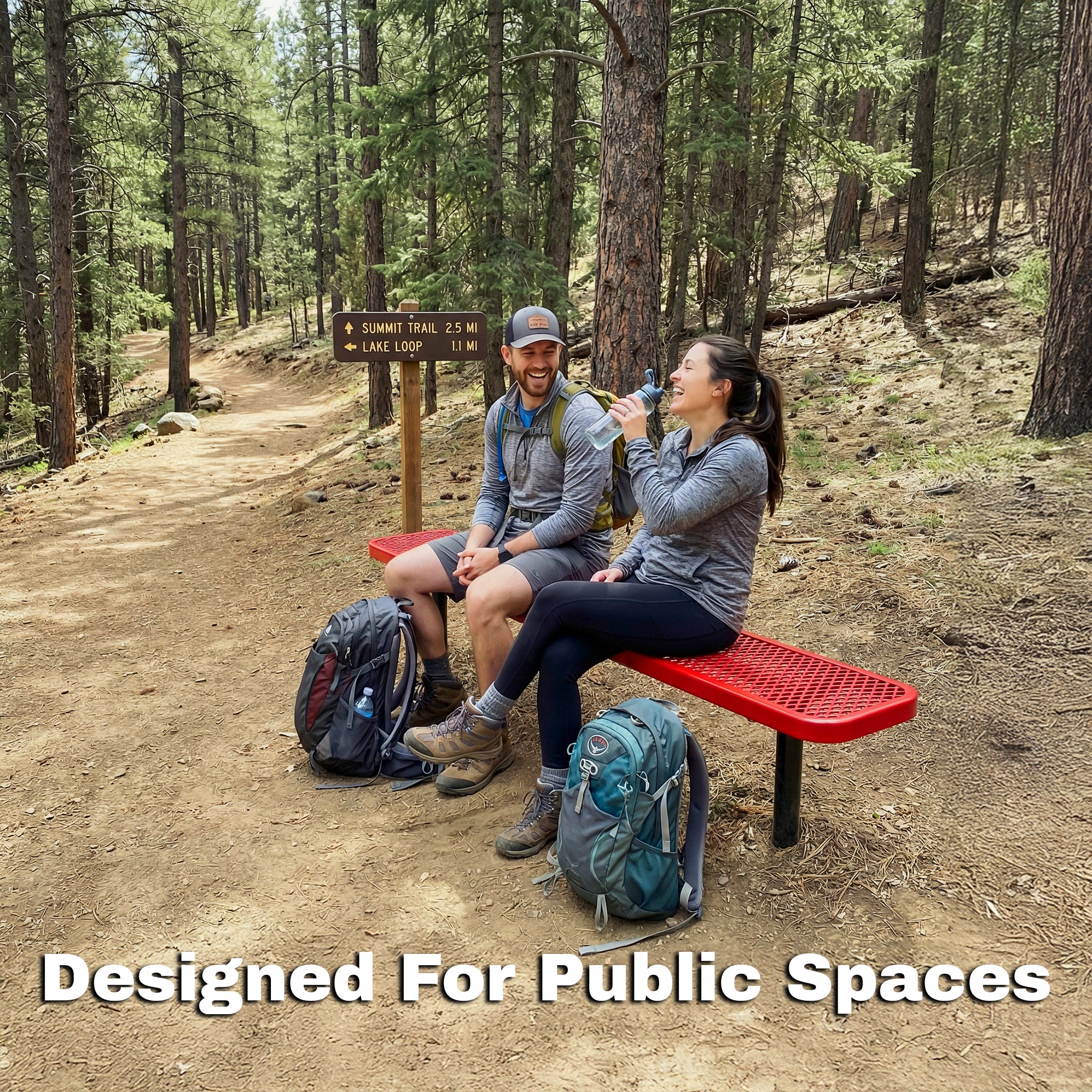 Two people sitting on a red bench in a forest with backpacks and water bottles, text 'Designed For Public Spaces'.