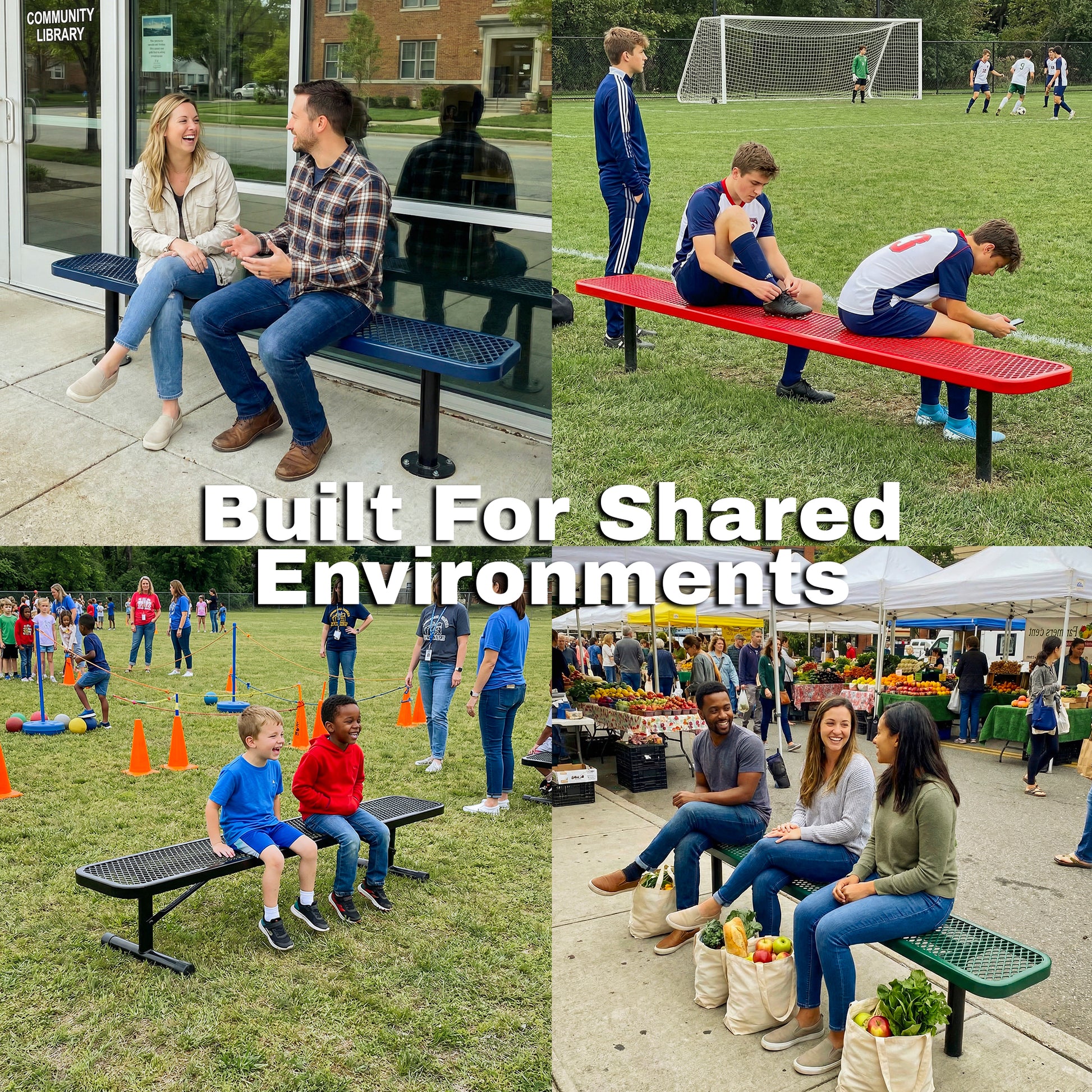 Collage of people using benches in various settings with text 'Built For Shared Environments'.