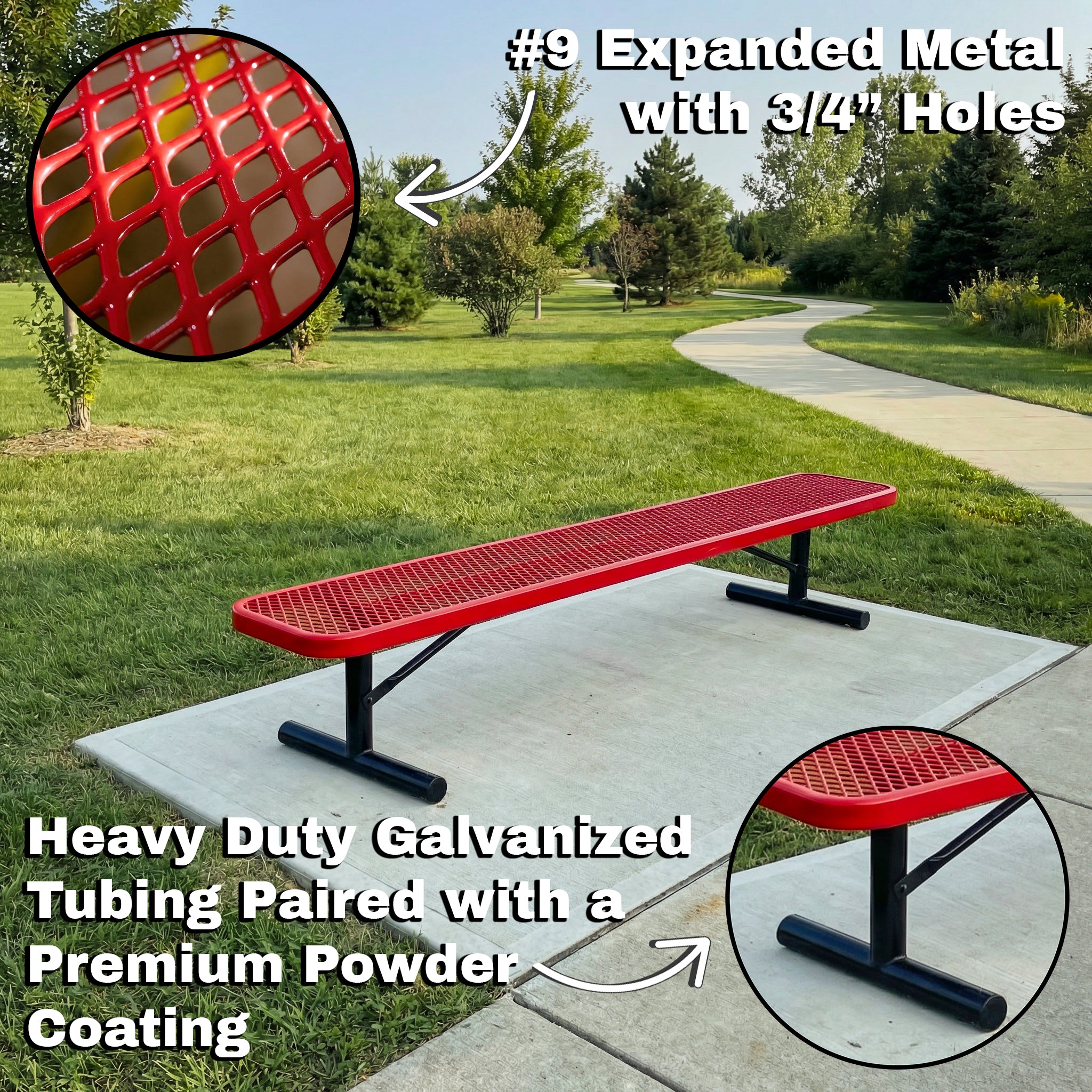 Red metal bench with expanded metal design on a grassy area with trees and a path.