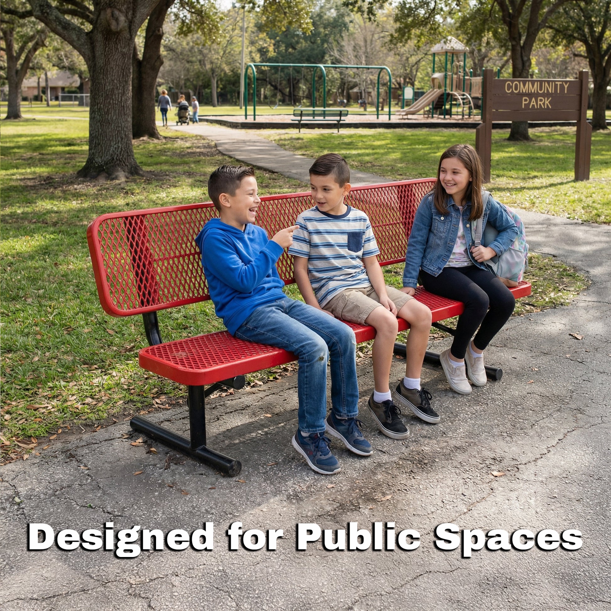 Three children sitting on a red bench in a park with 'Community Park' sign in the background.