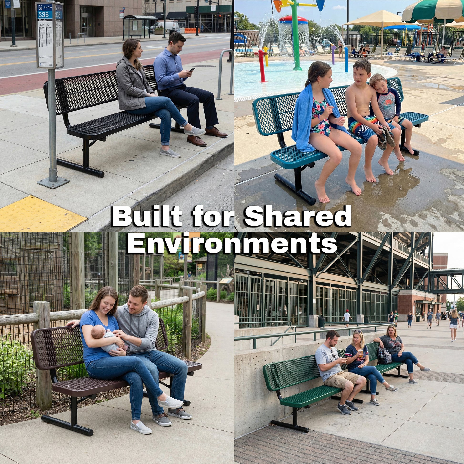 Collage of people sitting on benches in various public spaces with text 'Built for Shared Environments'.