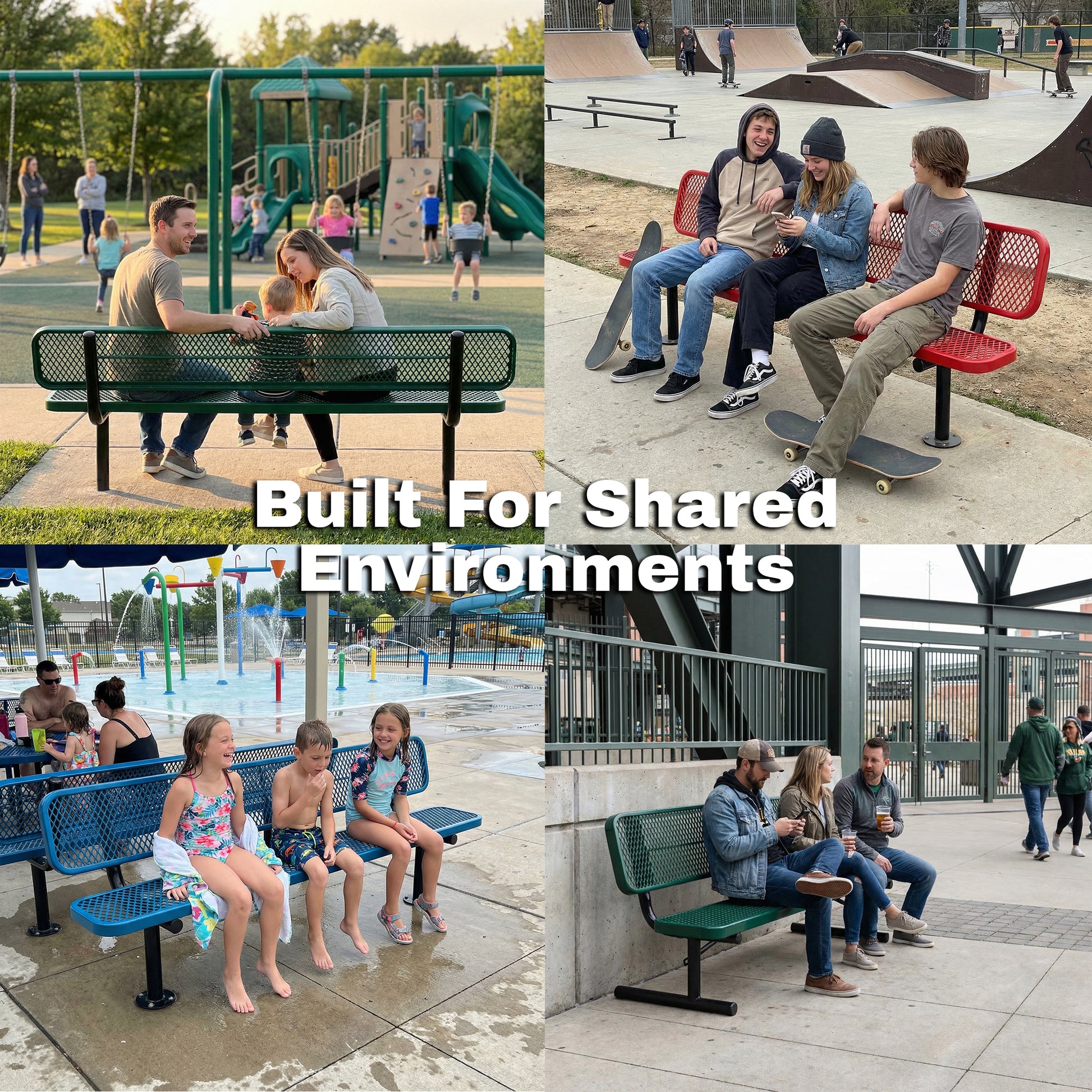 Collage of people in various public spaces with benches and skateboards, emphasizing shared environments.