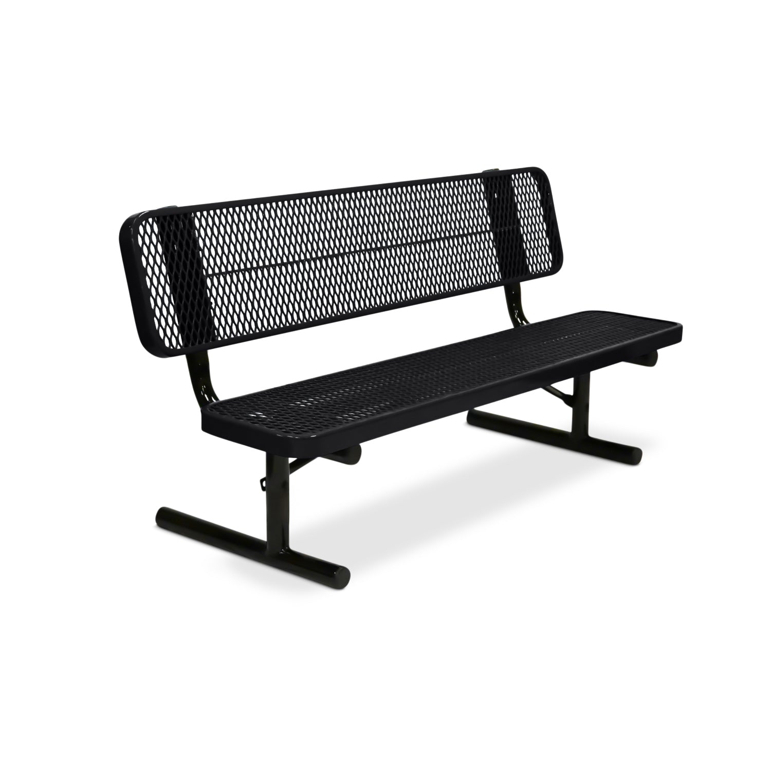 Black metal bench with mesh back on a white background