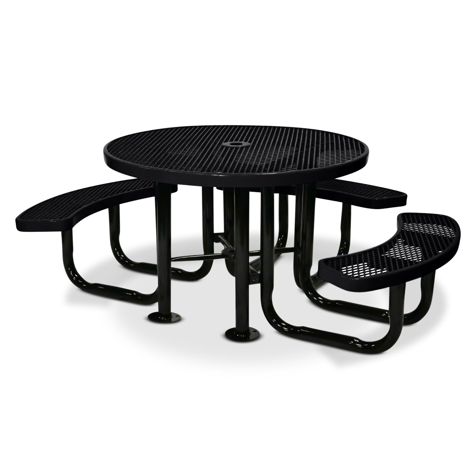 Black metal picnic table with three benches on a white background